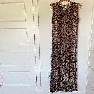 Vintage Rayon Crinkle Animal Print Maxi Dress Brown Size Medium